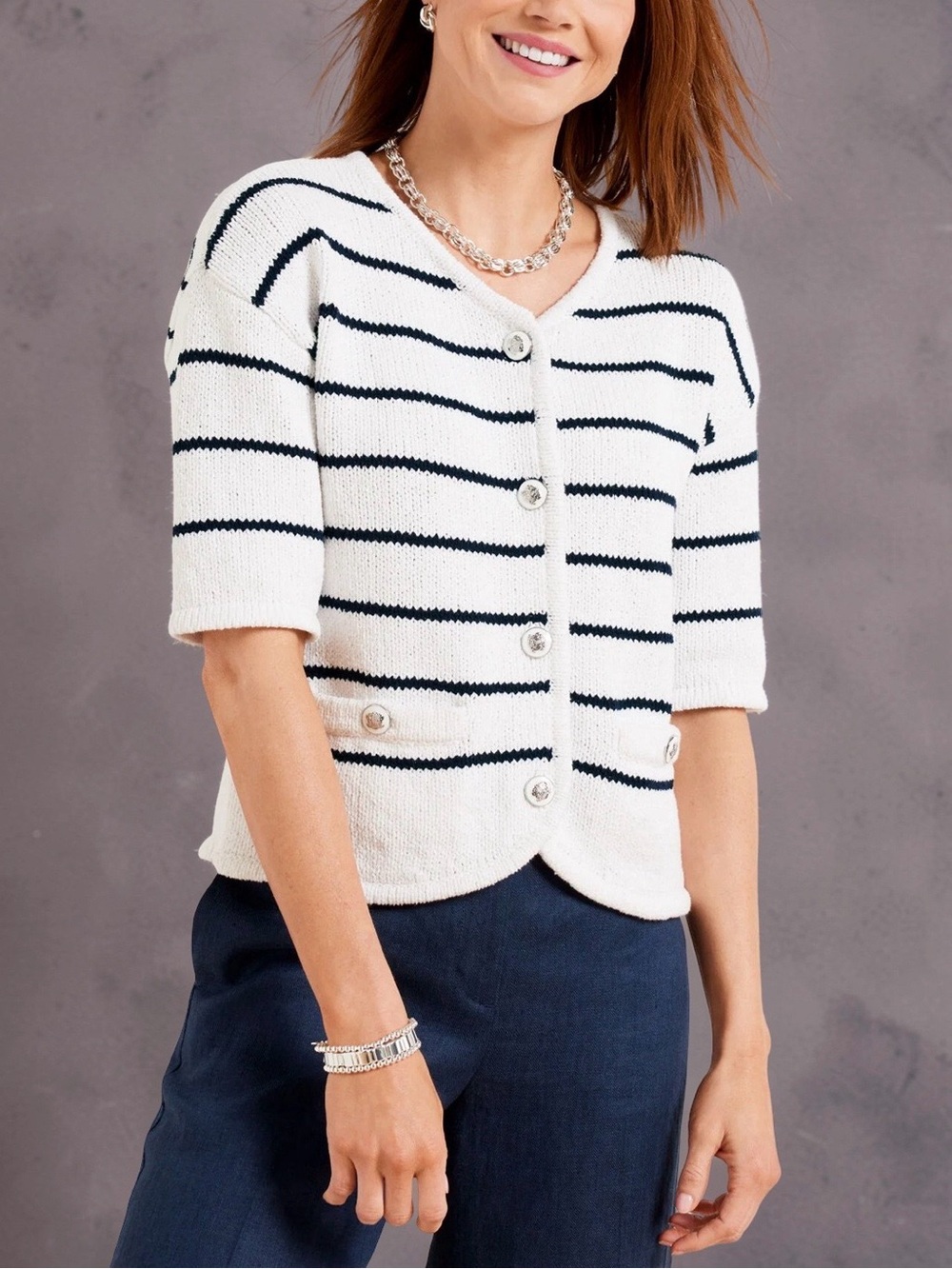 Talbots ELBOW SLEEVE STRIPED SWEATER JACKET Navy & White Sz P